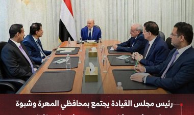 رئيس مجلس القيادة يجتمع بمحافظي المهرة وشبوة ويعلن تدشين مشاريع تنموية في المحافظتين
