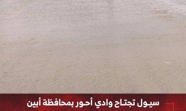سيول تجتاح وادي أحور في أبين وتقطع الخط العام وتوقف حركة المرور