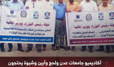 أكاديميو جامعات عدن ولحج وأبين وشبوة يحتجون أمام المالية للمطالبة بحقوق الترقيات العلمية