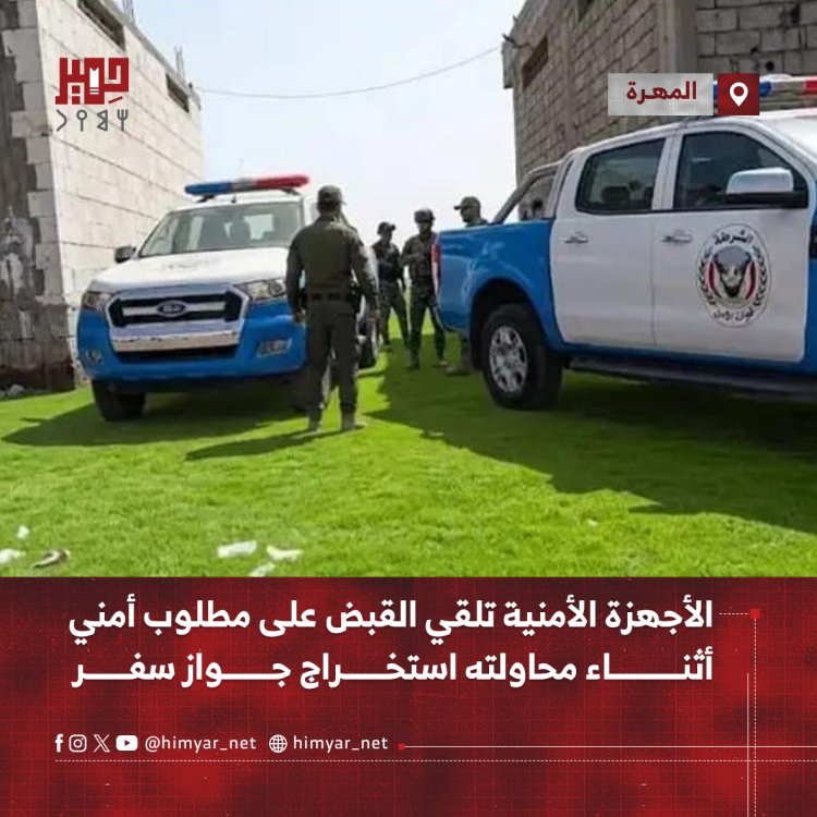 الأجهزة الأمنية بالمهرة تلقي القبض على مطلوب أمني أثناء محاولته استخراج جواز سفر